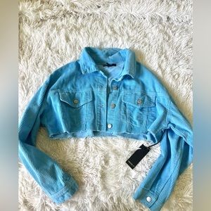 Blue Cropped Ribbed Button Jacket